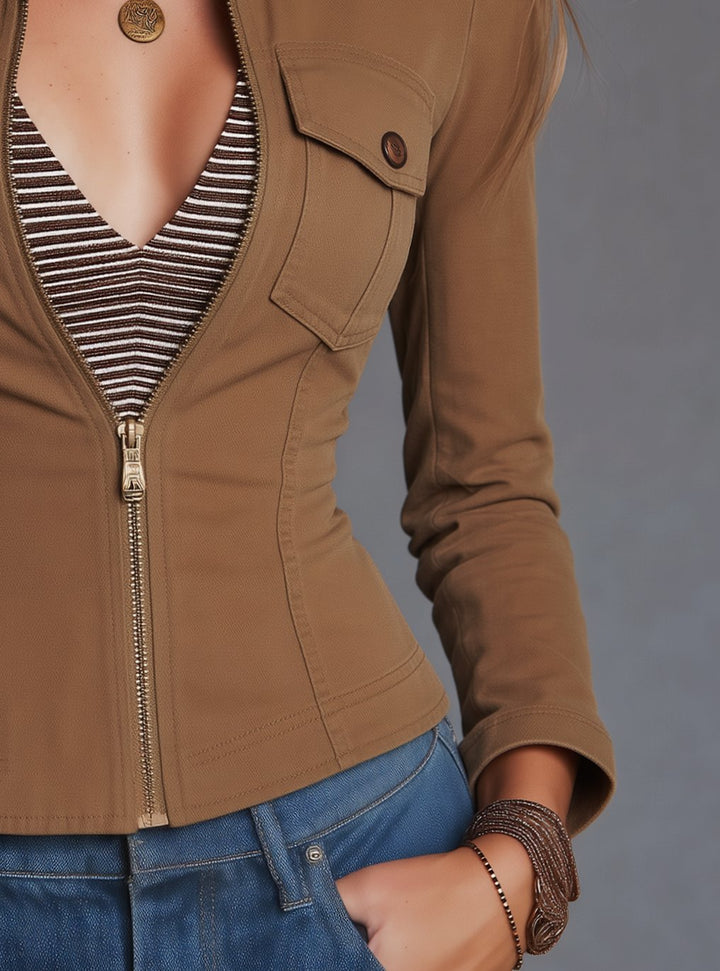 Women's Camel Brown Zip-Front Slim Utility Jacket