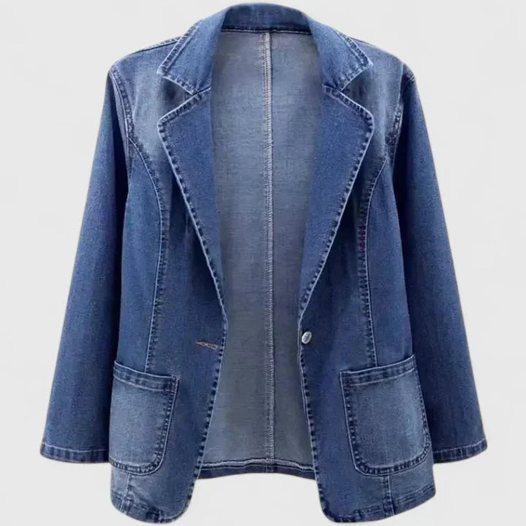 Women's Casual Denim Blazer Jacket Single-Button Straight Cut - Denim Blue