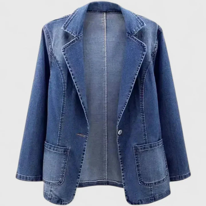 Women's Casual Denim Blazer Jacket Single-Button Straight Cut - Denim Blue
