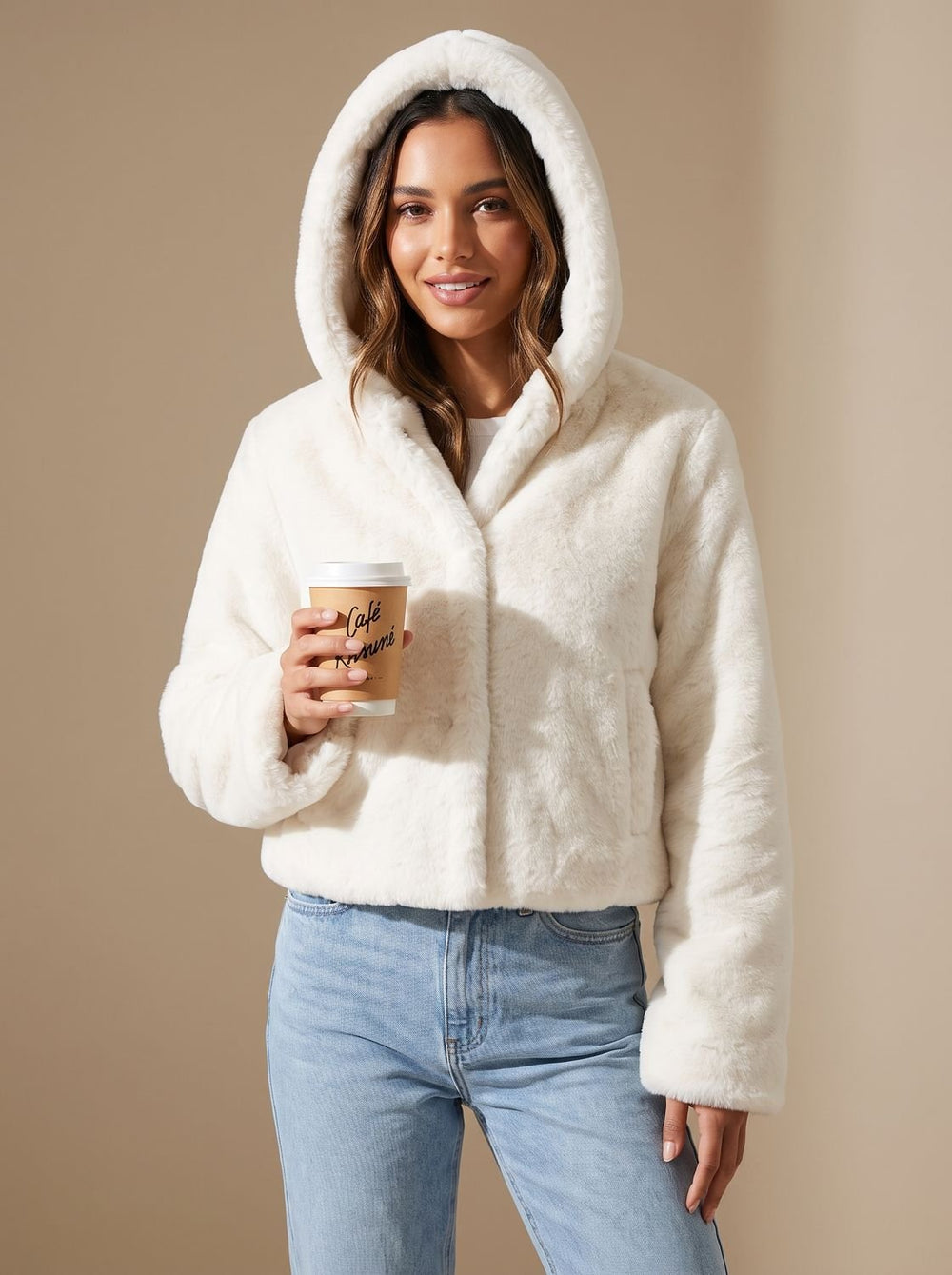 Women's Casual Faux Fur Hooded Short Coat - White