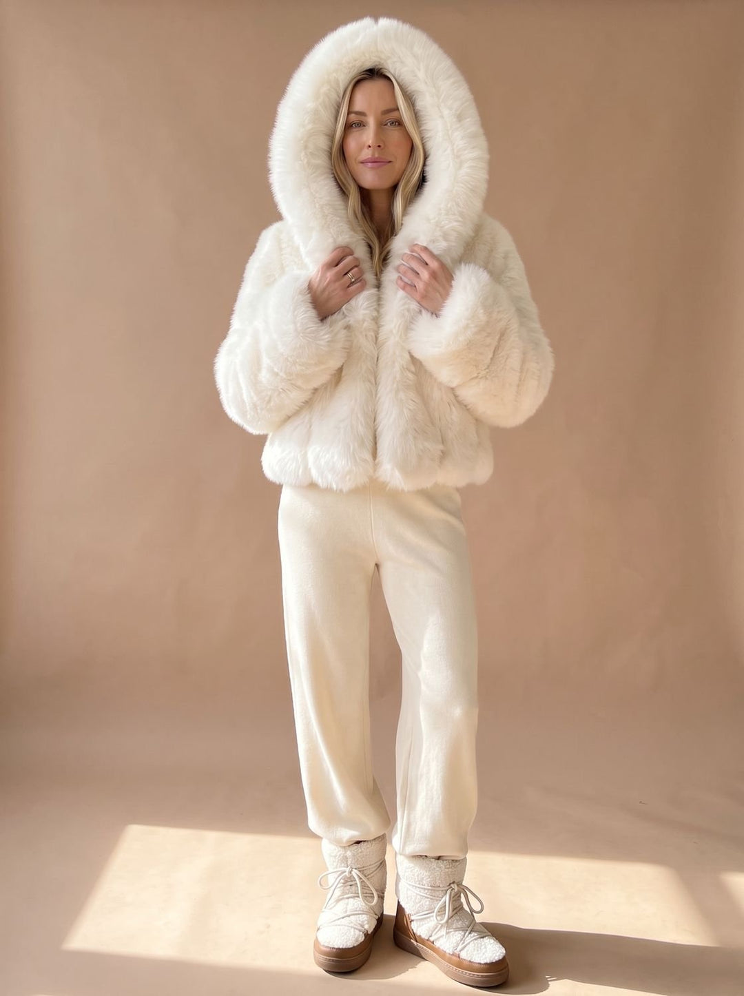 Women's Casual Faux Fur Hooded Short Coat - White