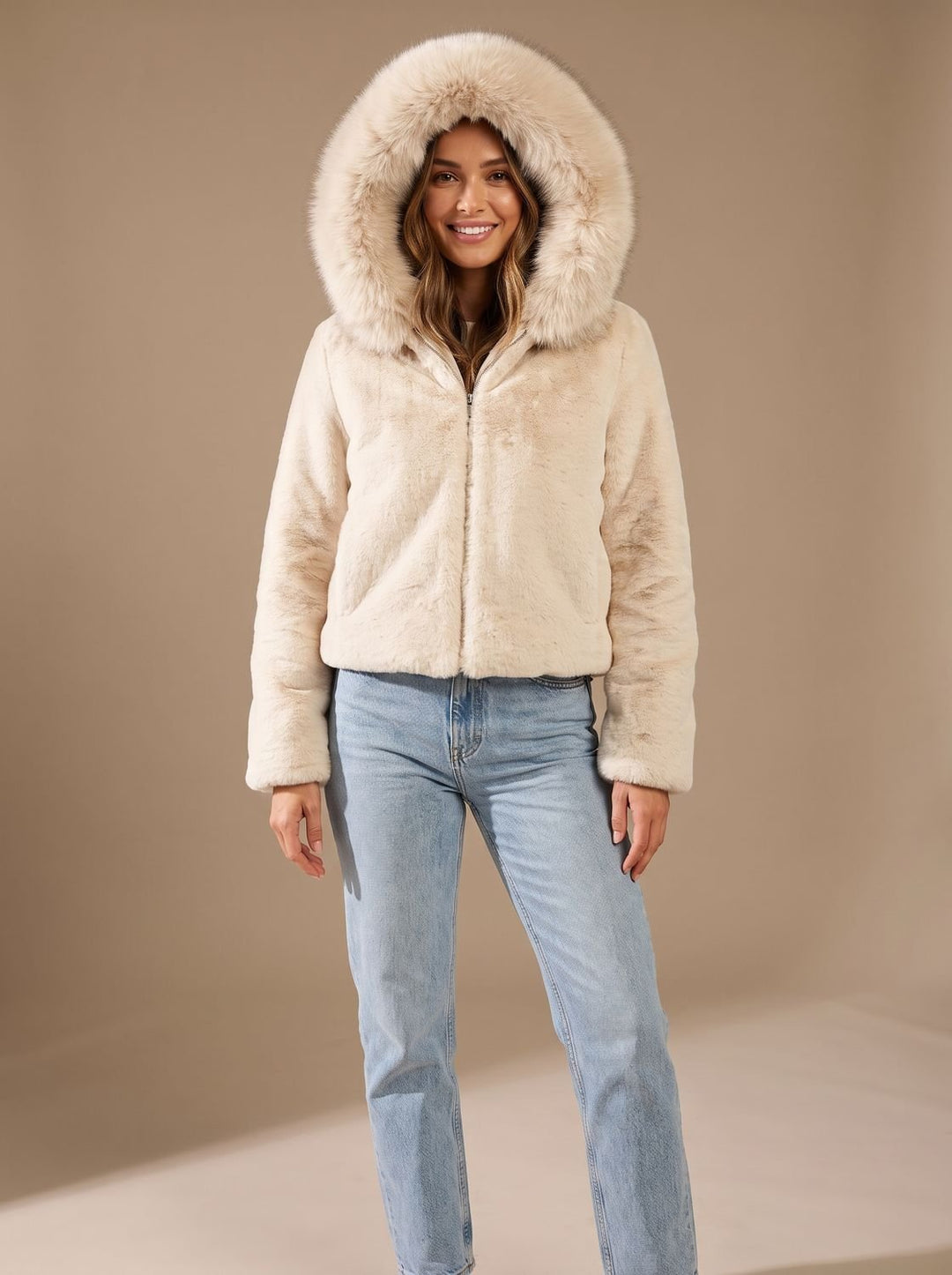 Women's Casual Faux Fur Hooded Short Coat