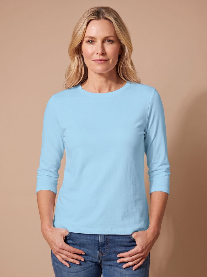 Women's Casual Solid Crew-Neck 3/4 Sleeve Relaxed Top - Light Blue