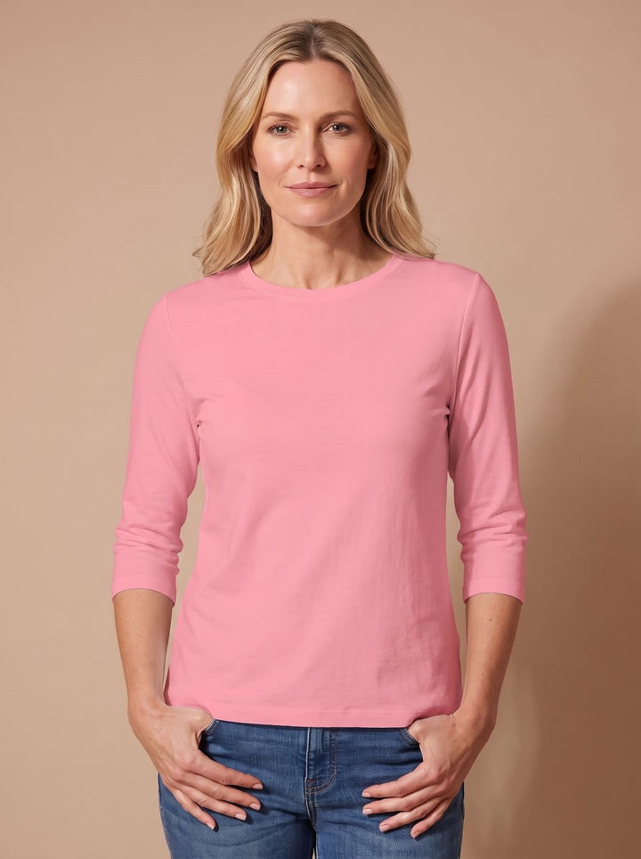 Women's Casual Solid Crew-Neck 3/4 Sleeve Relaxed Top - Pink