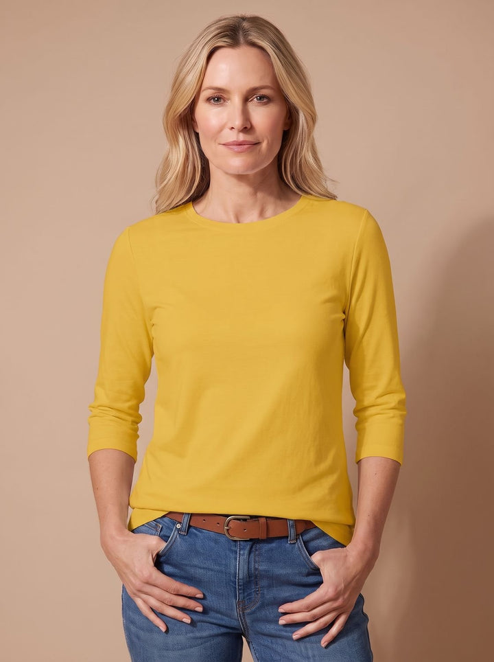 Women's Casual Solid Crew-Neck 3/4 Sleeve Relaxed Top - Yellow