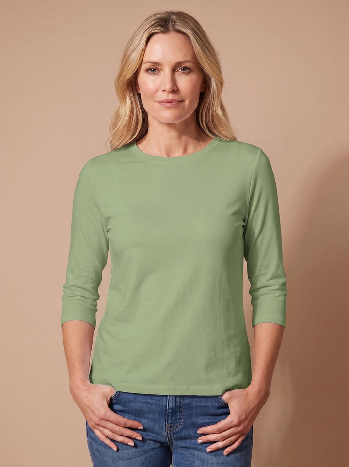 Women's Casual Solid Crew-Neck 3/4 Sleeve Relaxed Top - Green