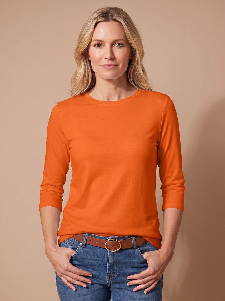 Women's Casual Solid Crew-Neck 3/4 Sleeve Relaxed Top - Orange