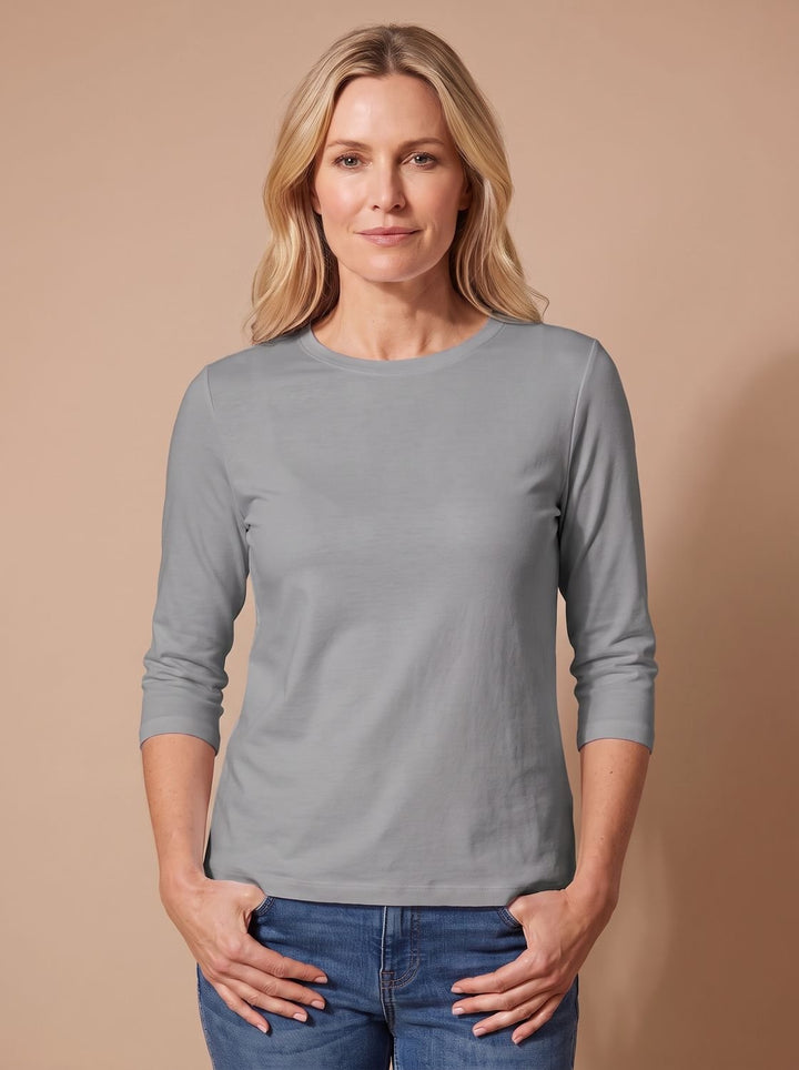 Women's Casual Solid Crew-Neck 3/4 Sleeve Relaxed Top - Gray