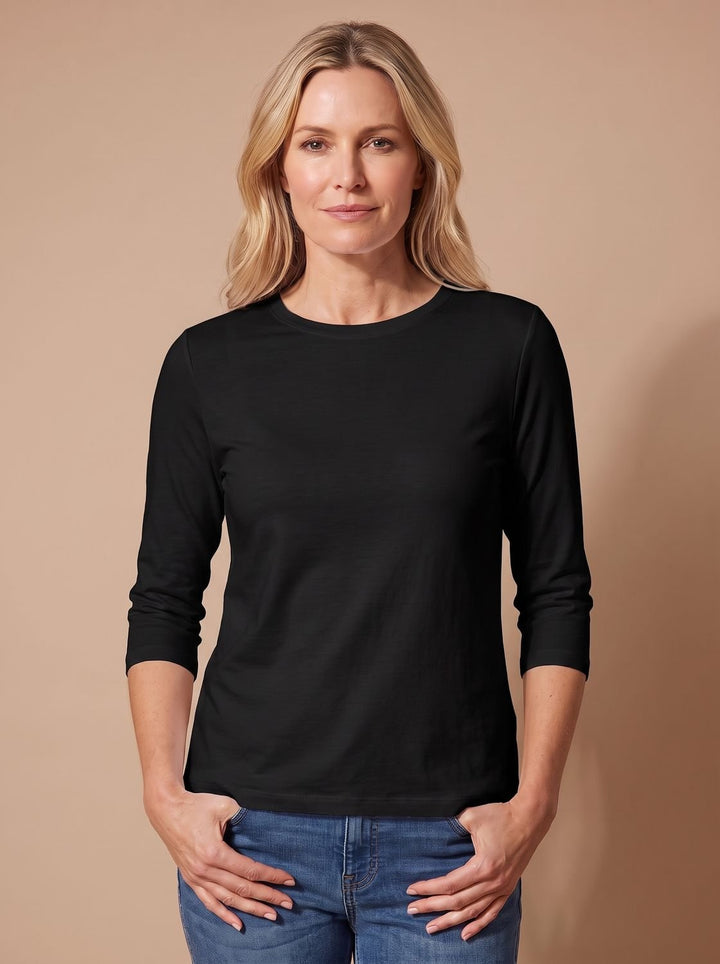 Women's Casual Solid Crew-Neck 3/4 Sleeve Relaxed Top - Black