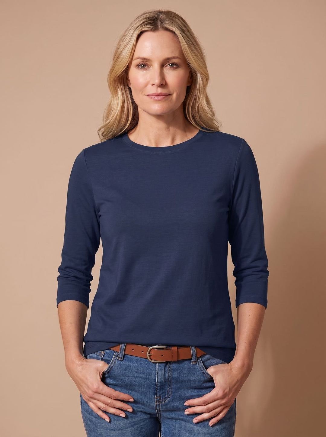 Women's Casual Solid Crew-Neck 3/4 Sleeve Relaxed Top - Navy Blue