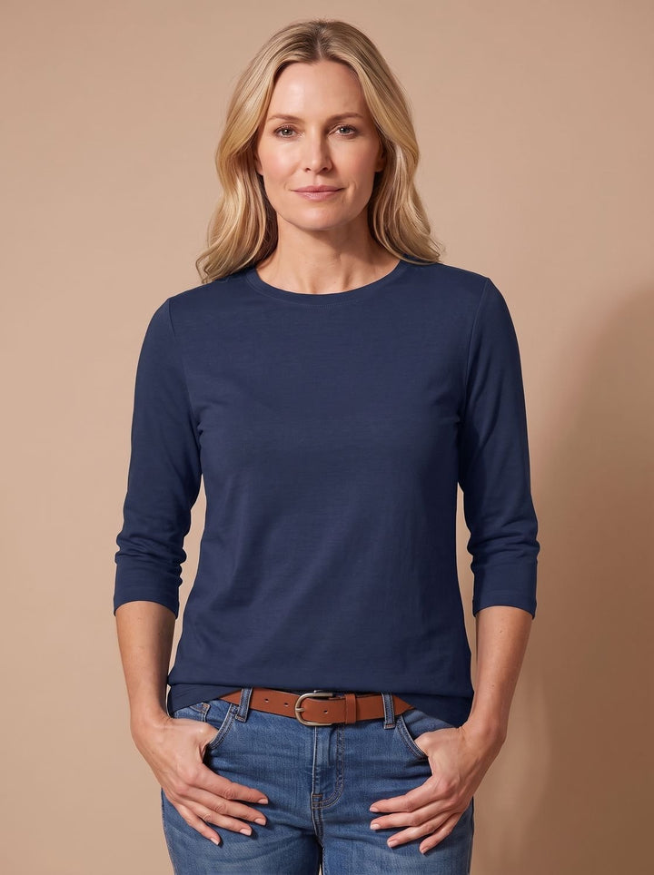 Women's Casual Solid Crew-Neck 3/4 Sleeve Relaxed Top - Navy Blue