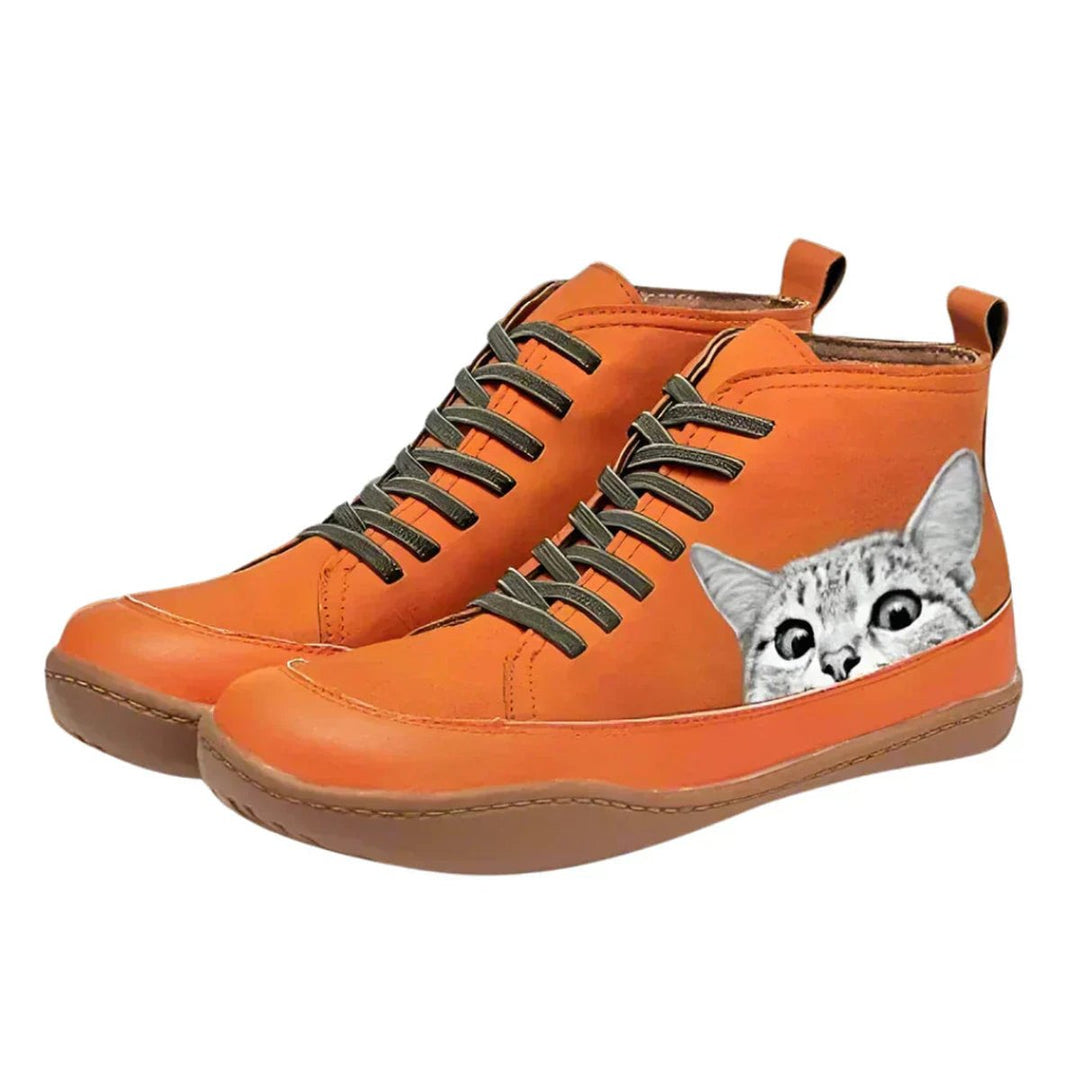 Women's Cat Print Lace-Up High-Top Leather Ankle Boots - Orange