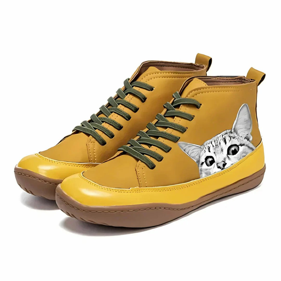 Women's Cat Print Lace-Up High-Top Leather Ankle Boots - Yellow