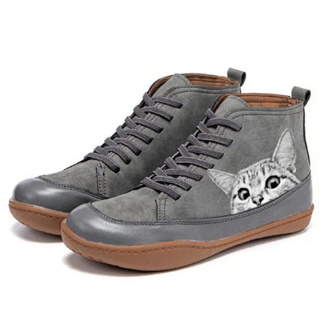 Women's Cat Print Lace-Up High-Top Leather Ankle Boots - Gray
