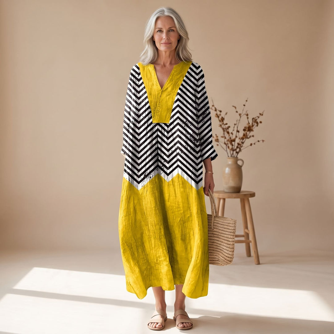 Women's Chevron-Print V-Neck Long Sleeve Maxi Dress - Black/Yellow