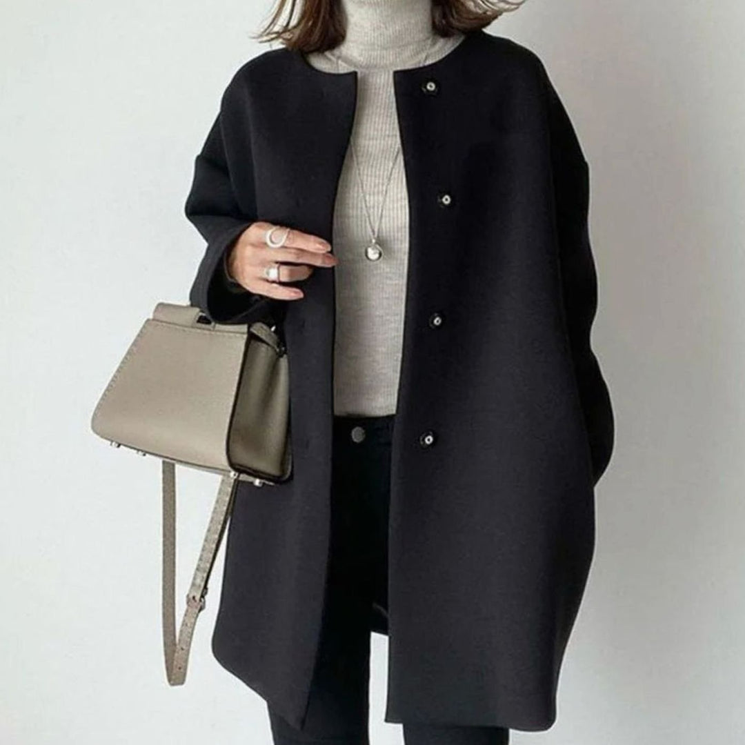 Women's Chic Winter Coat Collarless Button-Front Longline - Black