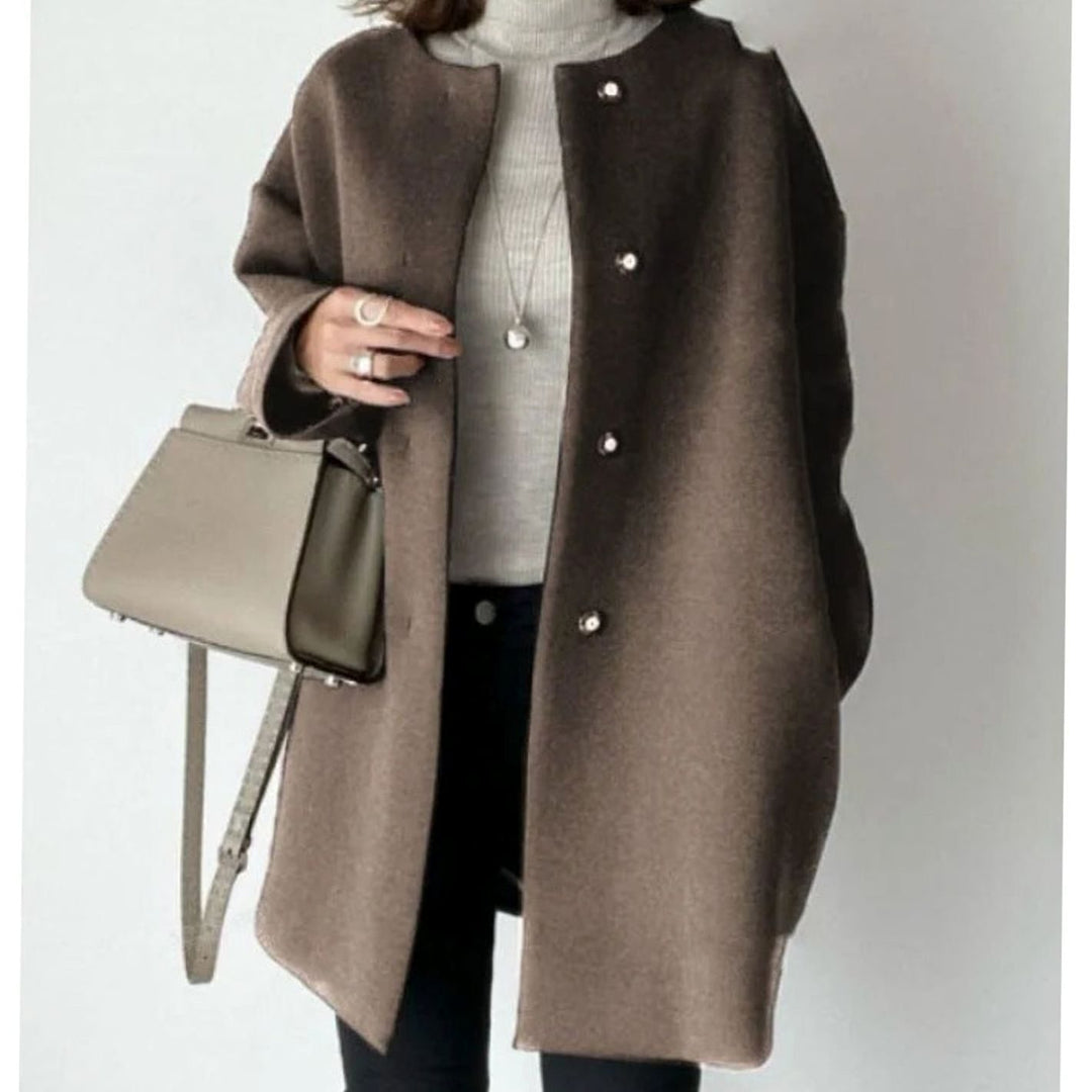 Women's Chic Winter Coat Collarless Button-Front Longline - Brown