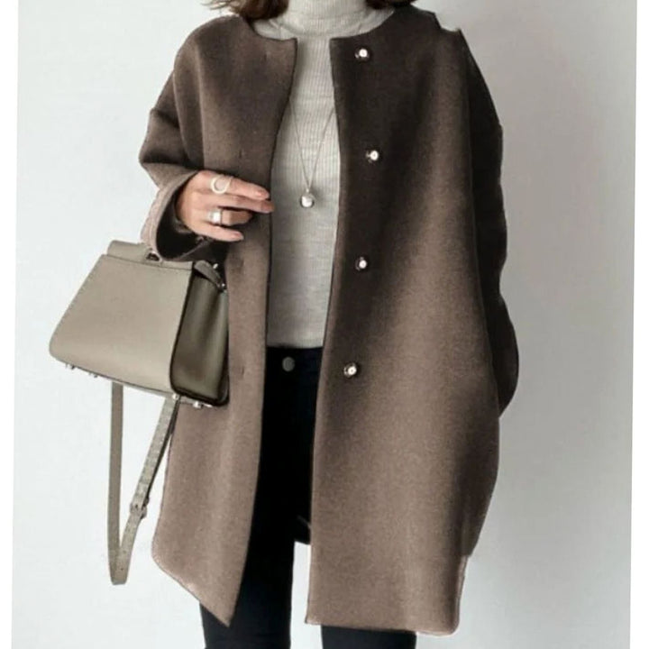 Women's Chic Winter Coat Collarless Button-Front Longline - Brown