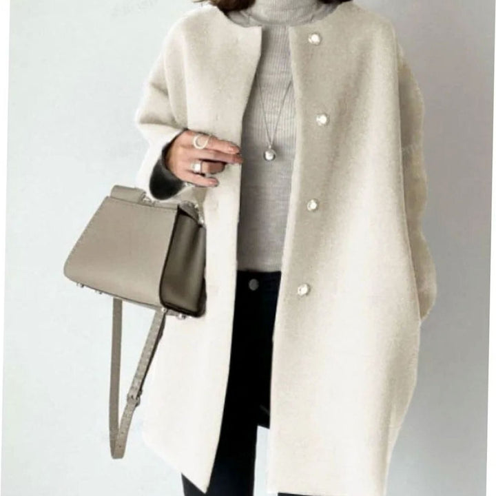 Women's Chic Winter Coat Collarless Button-Front Longline - White