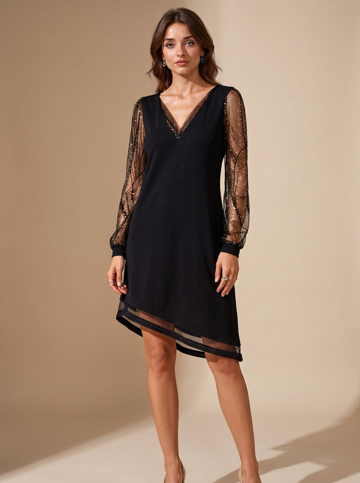 Women's Christmas Party Black Mini Dress Sheer Sequin Long Sleeves - Black