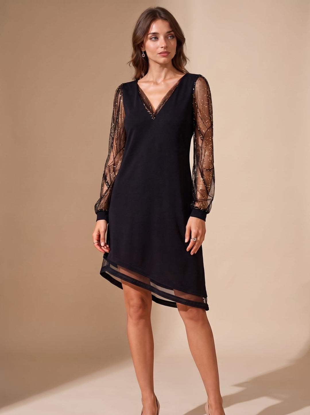 Women's Christmas Party Black Mini Dress Sheer Sequin Long Sleeves
