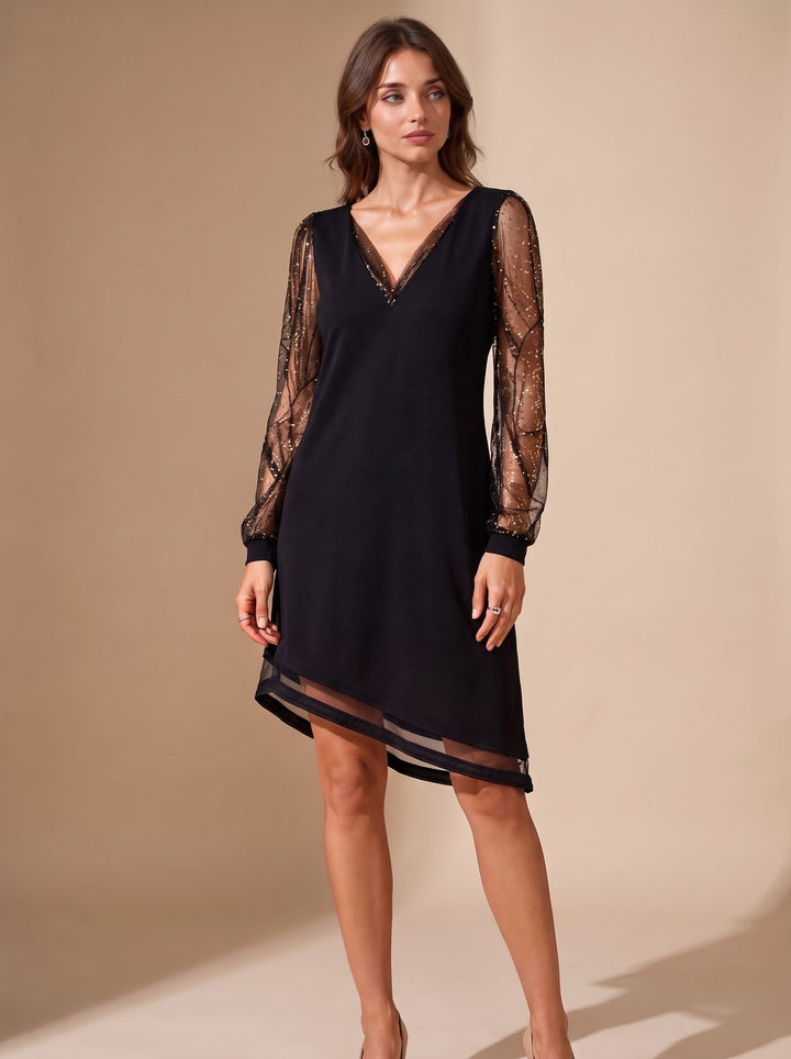 Women's Christmas Party Black Mini Dress Sheer Sequin Long Sleeves