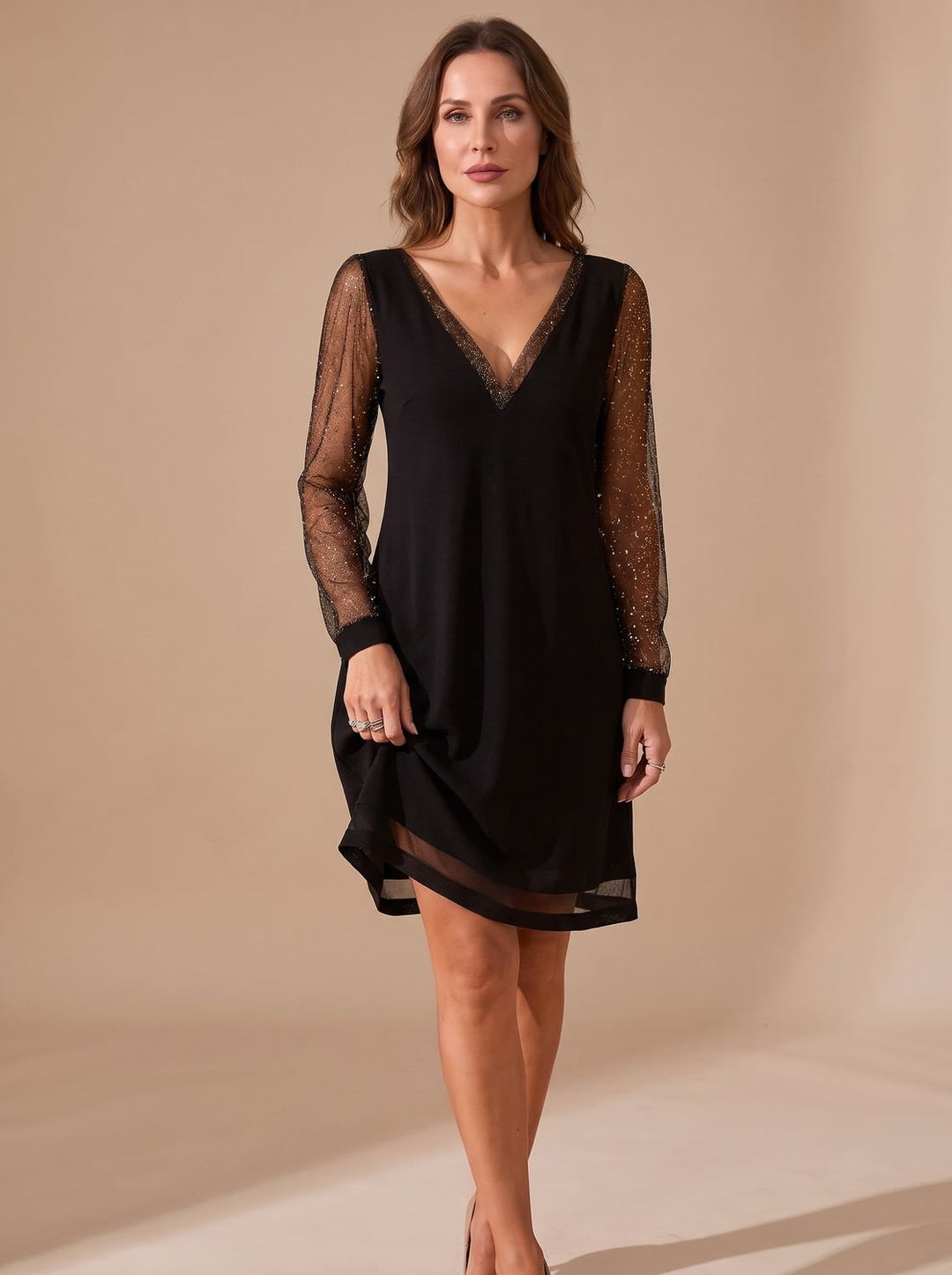 Women's Christmas Party Dress Glitter Mesh Long-Sleeve V-Neck Mini - Black