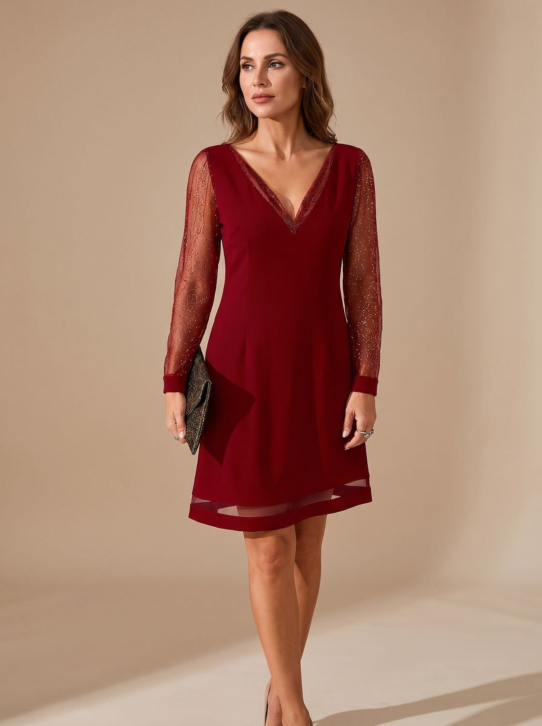 Women's Christmas Party Dress Glitter Mesh Long-Sleeve V-Neck Mini - Red