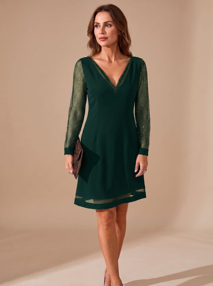Women's Christmas Party Dress Glitter Mesh Long-Sleeve V-Neck Mini - Green