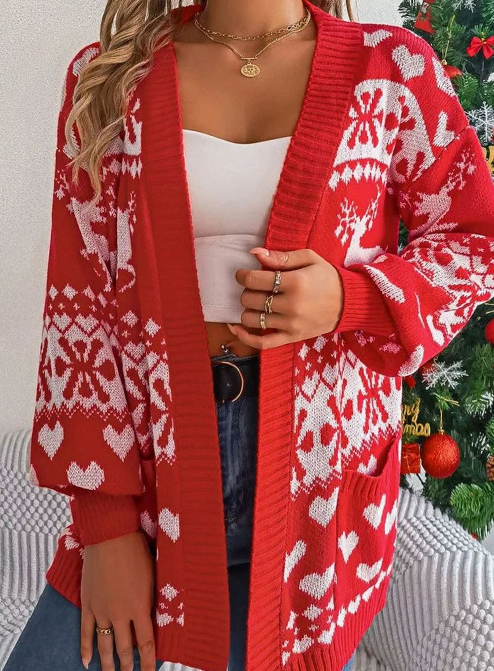 Women's Christmas Sweater Open-Front Knit Cardigan