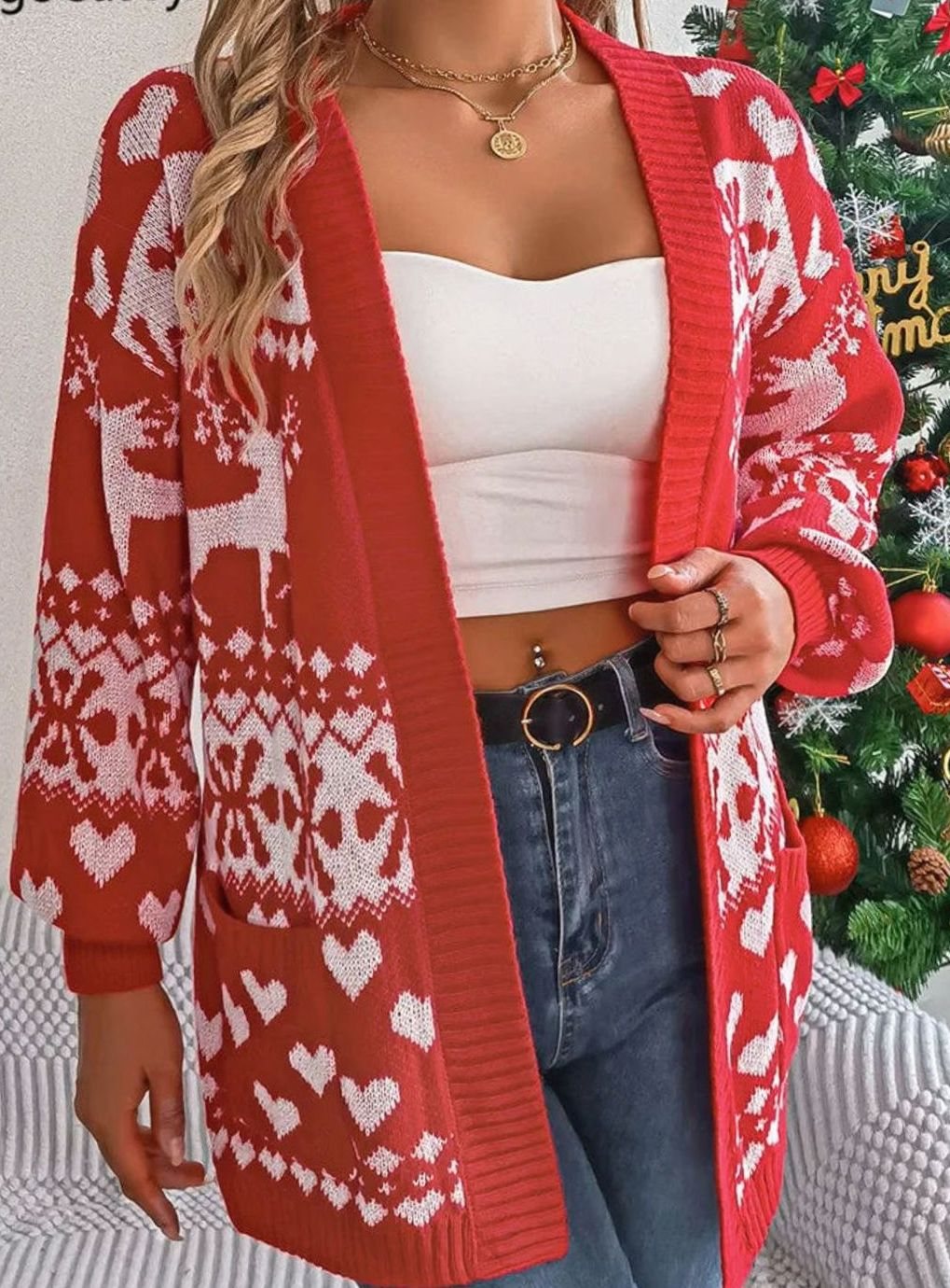 Women's Christmas Sweater Open-Front Knit Cardigan