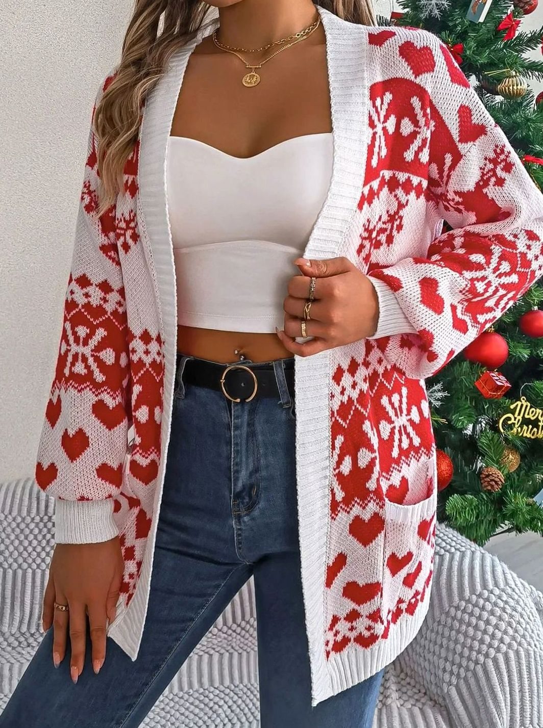 Women's Christmas Sweater Open-Front Knit Cardigan - White