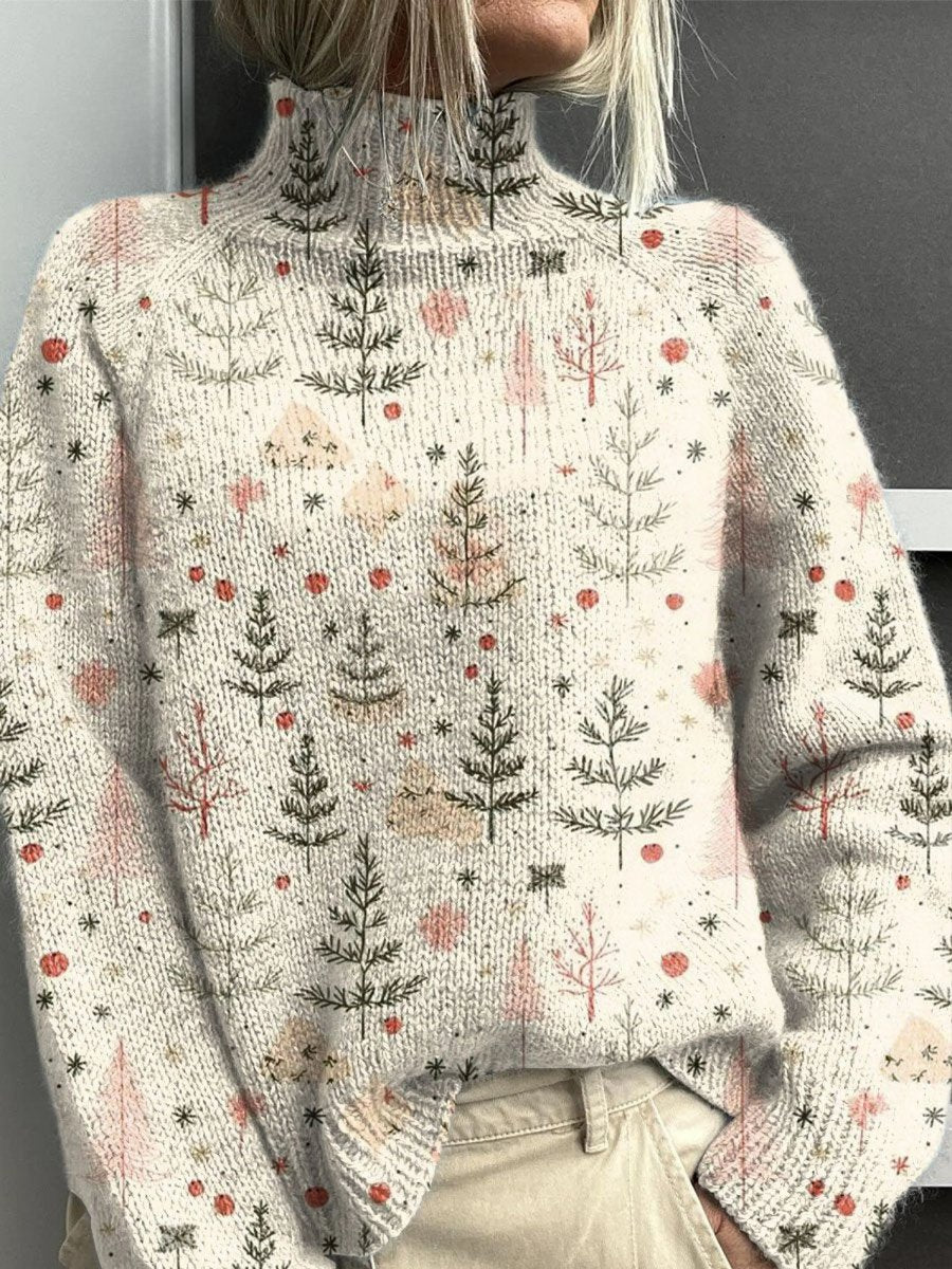 Women's Christmas Tree Print Knit Turtleneck Sweater - Multicolor