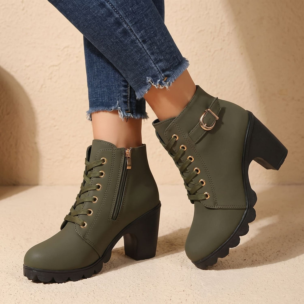 Women's Chunky Block Heel Lace-Up Buckle Ankle Booties - Green