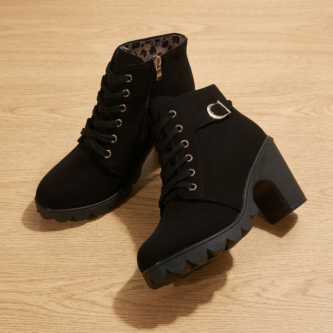 Women's Chunky Block Heel Lace-Up Buckle Ankle Booties
