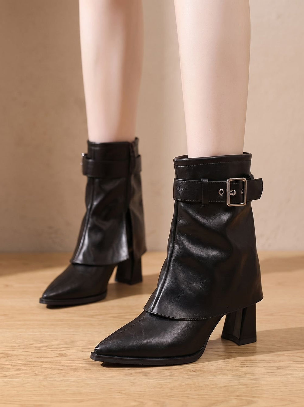 Women's Chunky Block Heel Pointed-Toe Buckle Ankle Boots - Black