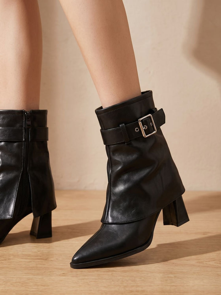 Women's Chunky Block Heel Pointed-Toe Buckle Ankle Boots