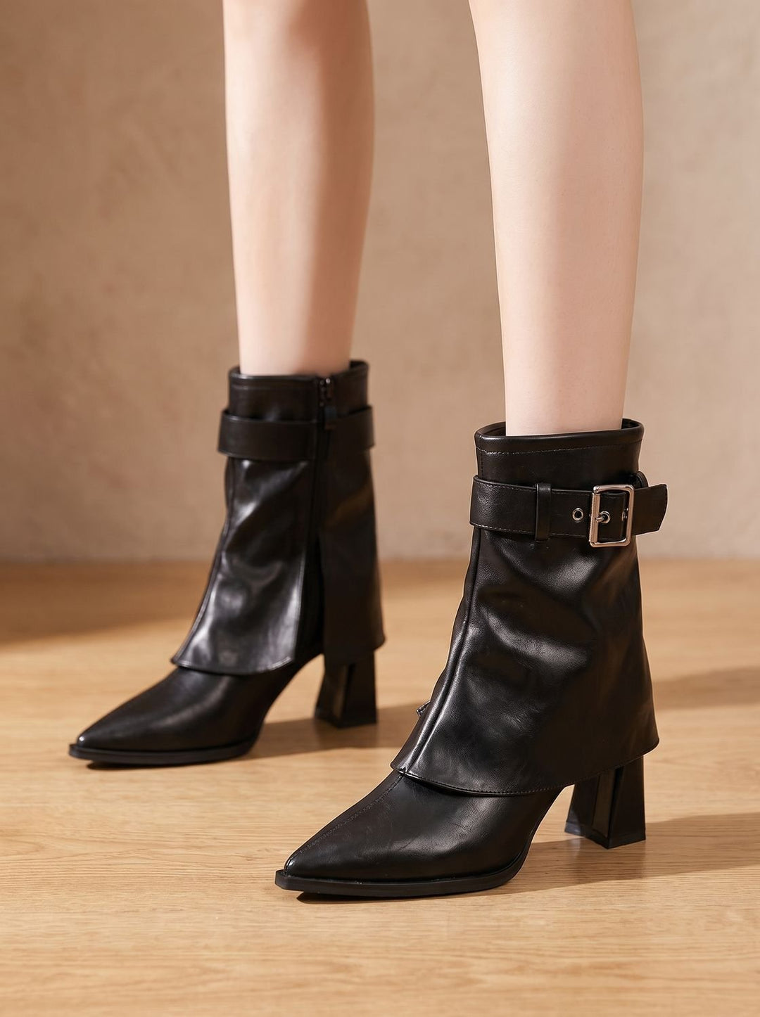 Women's Chunky Block Heel Pointed-Toe Buckle Ankle Boots