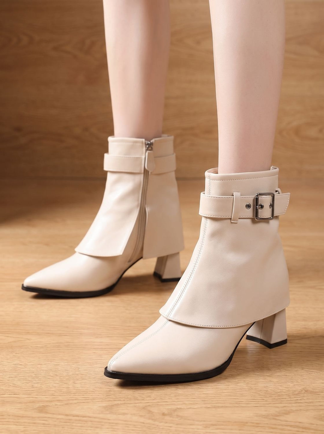 Women's Chunky Block Heel Pointed-Toe Buckle Ankle Boots