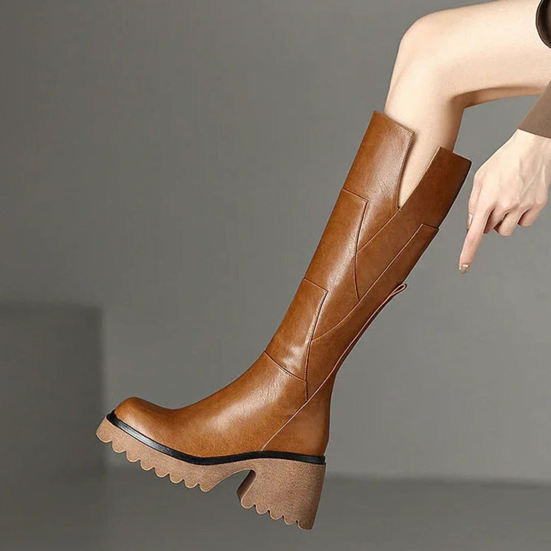 Women's Chunky Knee-High Block Heel Side-Zip Boots - Brown
