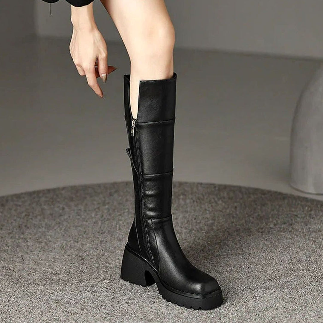 Women's Chunky Knee-High Block Heel Side-Zip Boots, Black - Black
