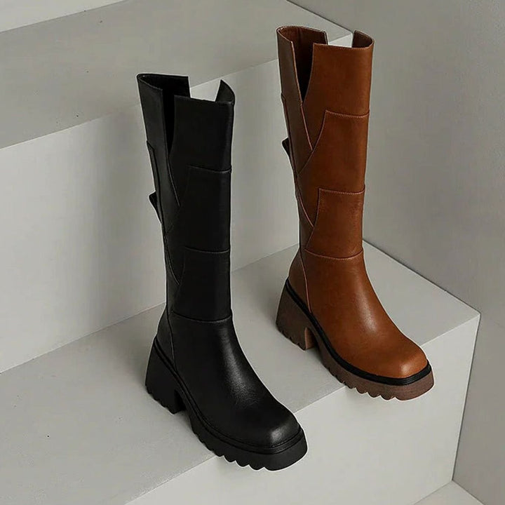 Women's Chunky Knee-High Block Heel Side-Zip Boots, Black