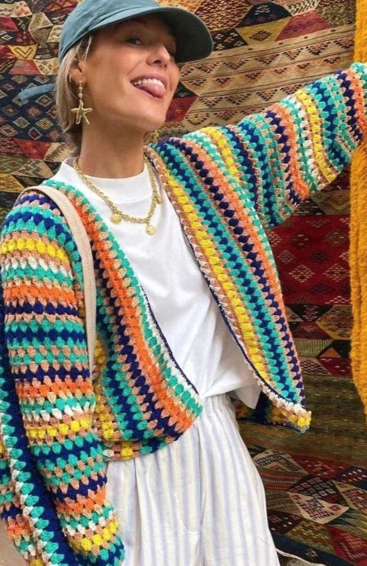 Women's Chunky Knit Cardigan Rainbow Striped Open-Front Sweater - Rainbow Stripes