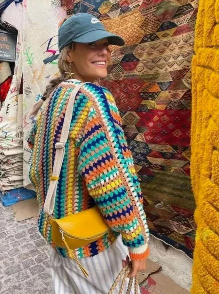 Women's Chunky Knit Cardigan Rainbow Striped Open-Front Sweater