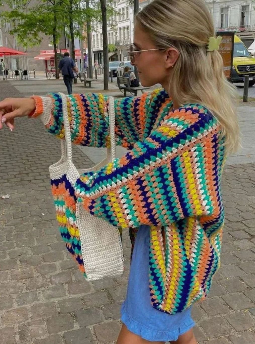 Women's Chunky Knit Cardigan Rainbow Striped Open-Front Sweater
