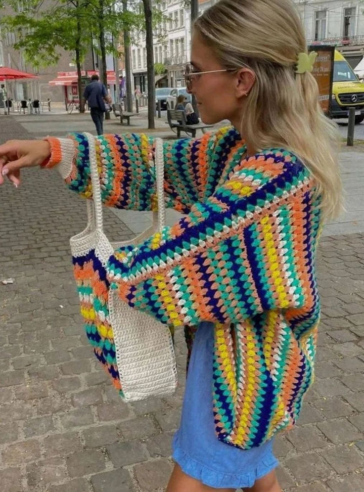 Women's Chunky Knit Cardigan Rainbow Striped Open-Front Sweater