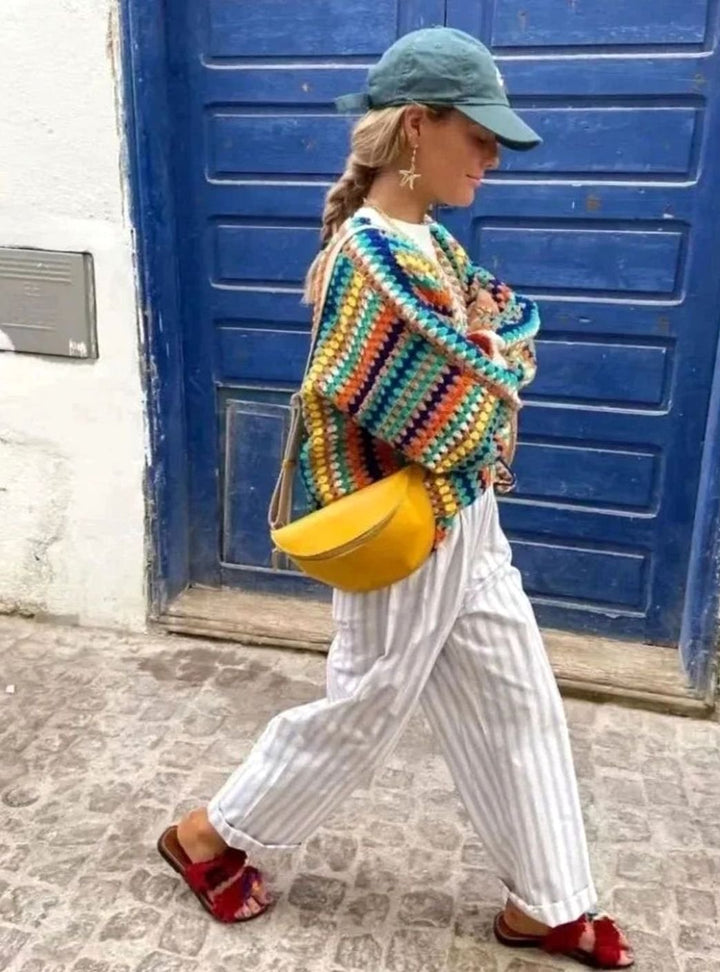 Women's Chunky Knit Cardigan Rainbow Striped Open-Front Sweater