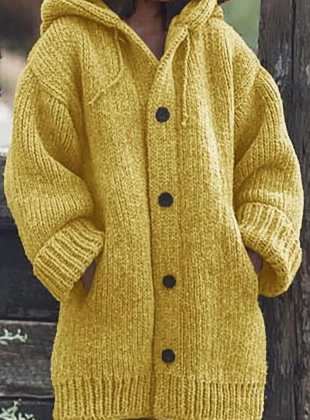 Women's Chunky Knit Hooded Oversized Cardigan - Yellow