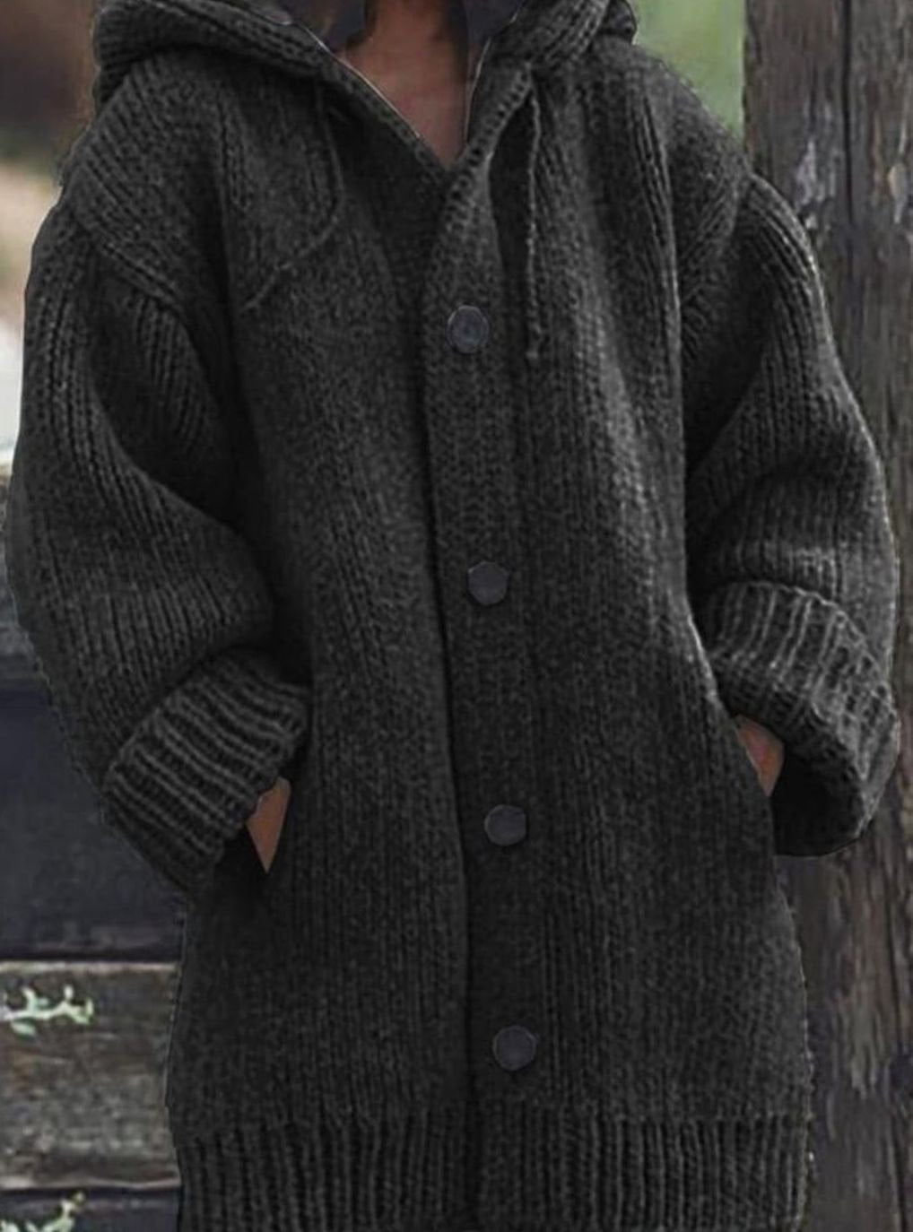 Women's Chunky Knit Hooded Oversized Cardigan - Black