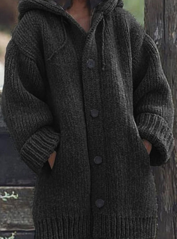 Women's Chunky Knit Hooded Oversized Cardigan - Black